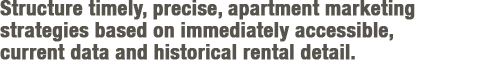 Build an educated advantage with timely, precise, apartment marketing strategies based on immediately accessible,
current data and historical rental detail.